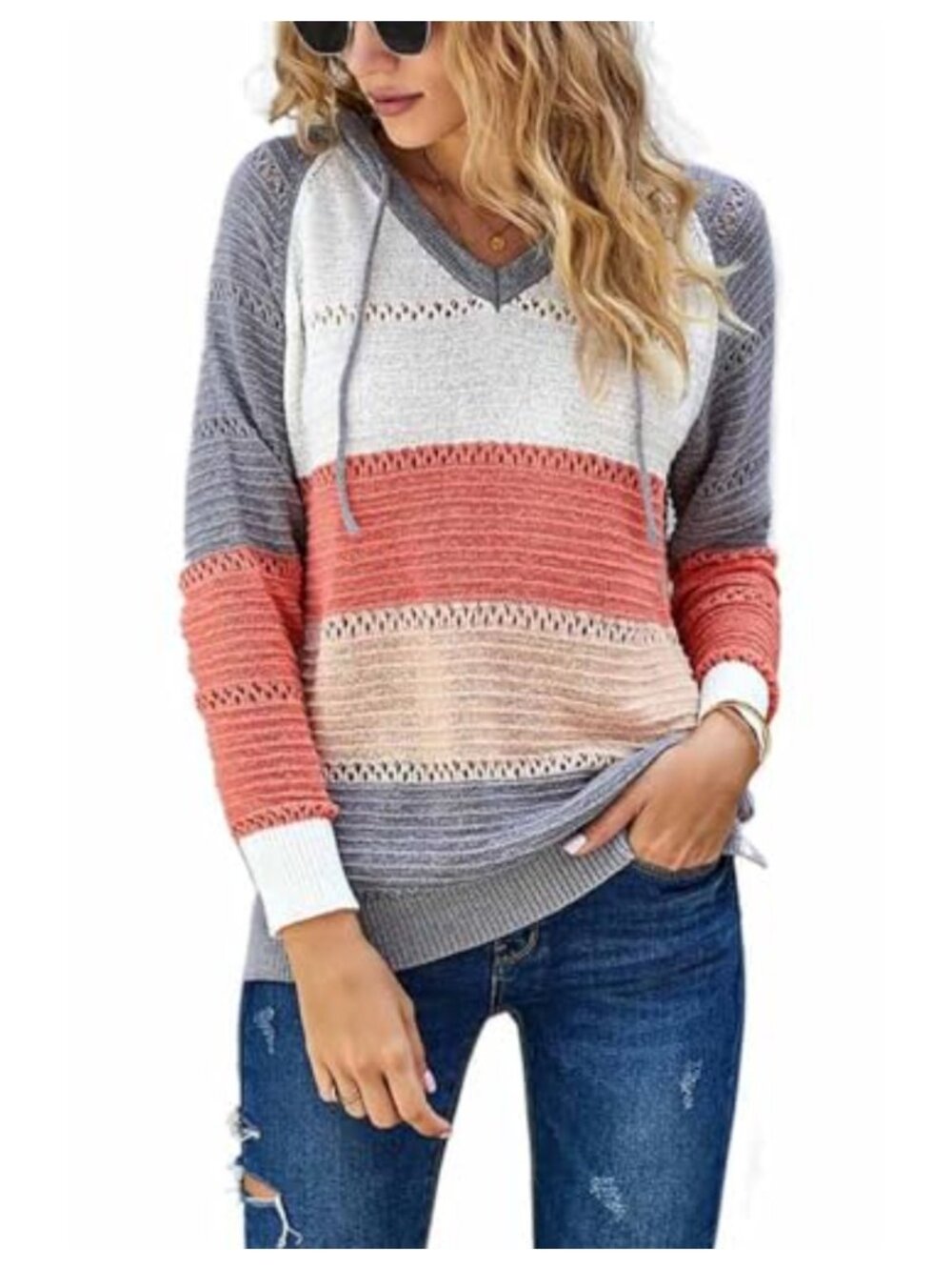 Womens Long Sleeve Color Block Striped Pullover Hoodie Sweatshirt Casual